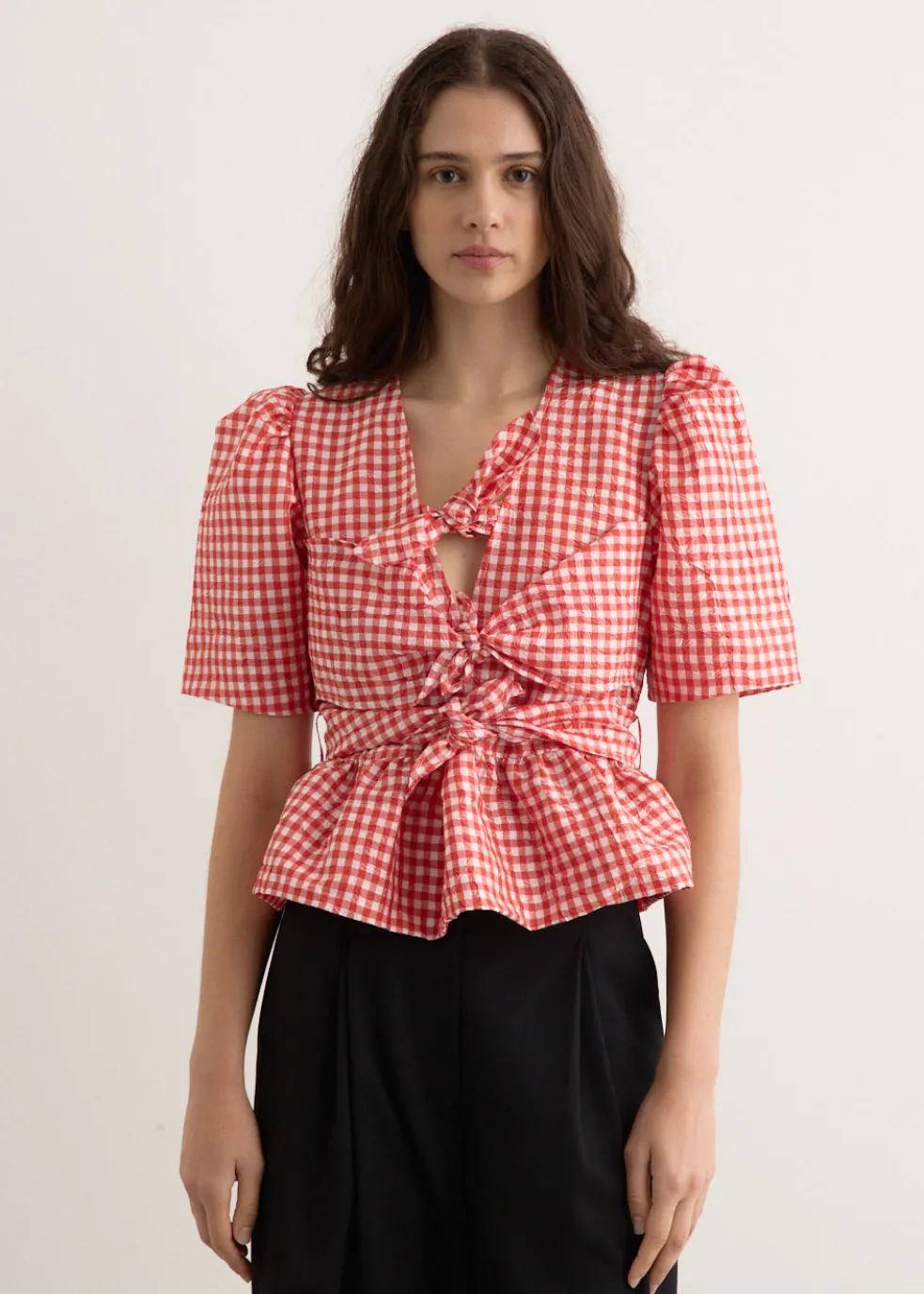 Crinkled Taffeta Check Tie Strap Blouse