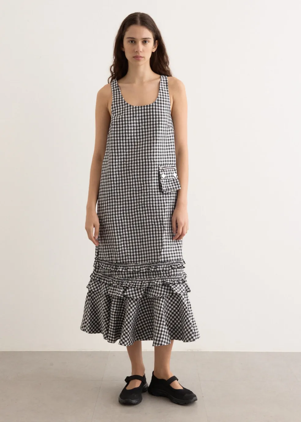 Crinkled Taffeta Check U-Neck Long Dress