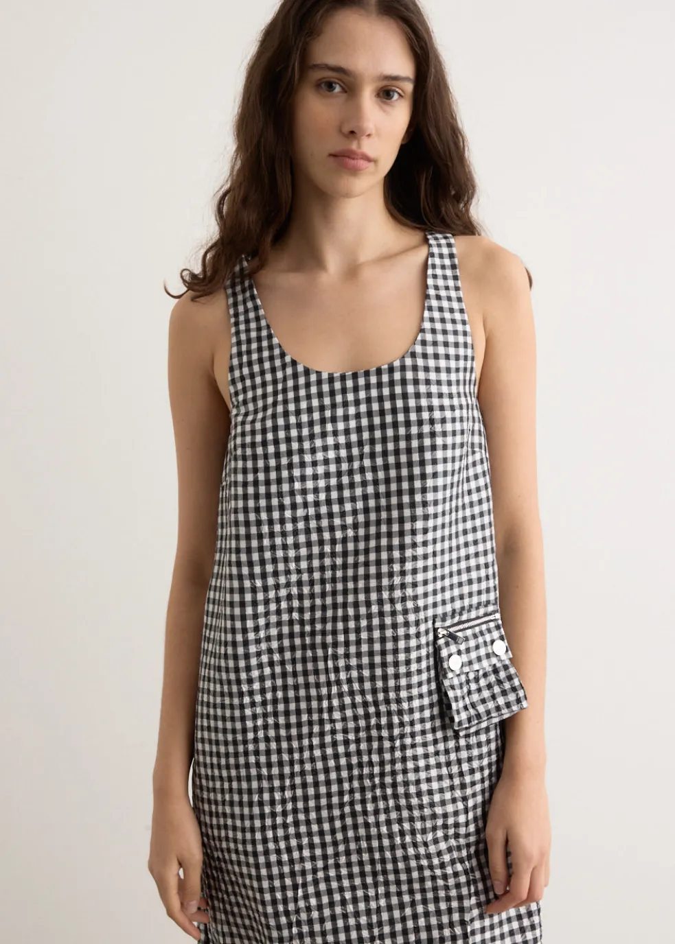 Crinkled Taffeta Check U-Neck Long Dress
