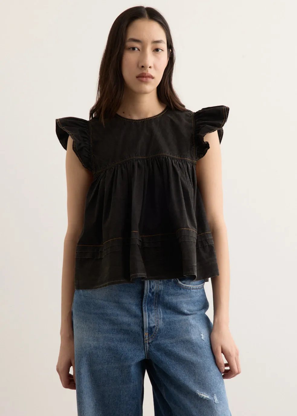Garment Dyed Cotton Frill Sleeve Top