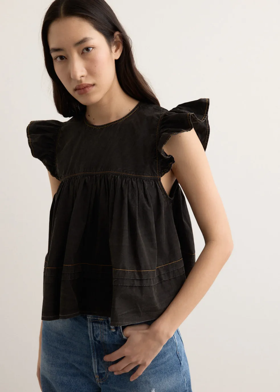Garment Dyed Cotton Frill Sleeve Top