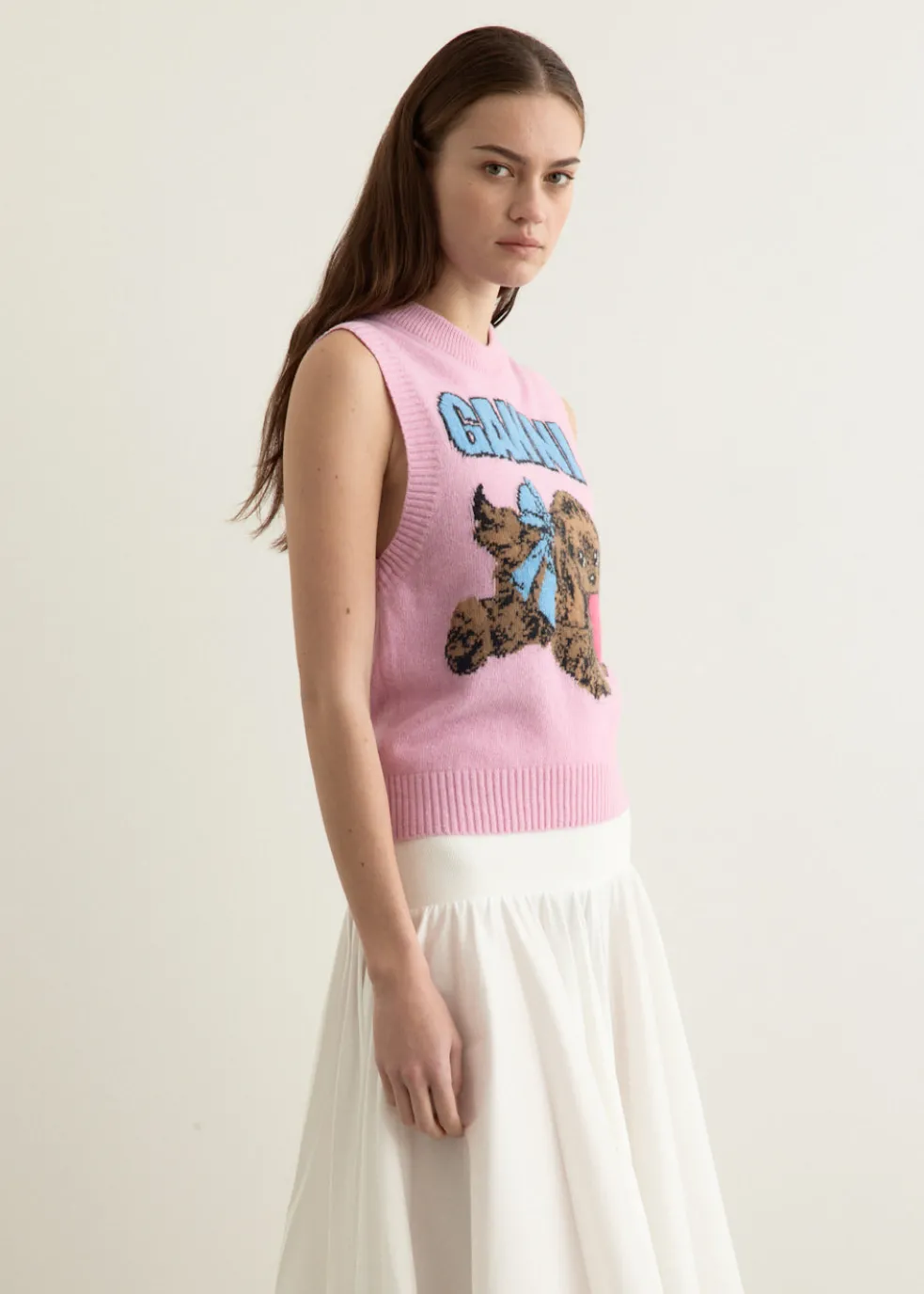 Graphic Wool Mix Pink Puppy Love Vest