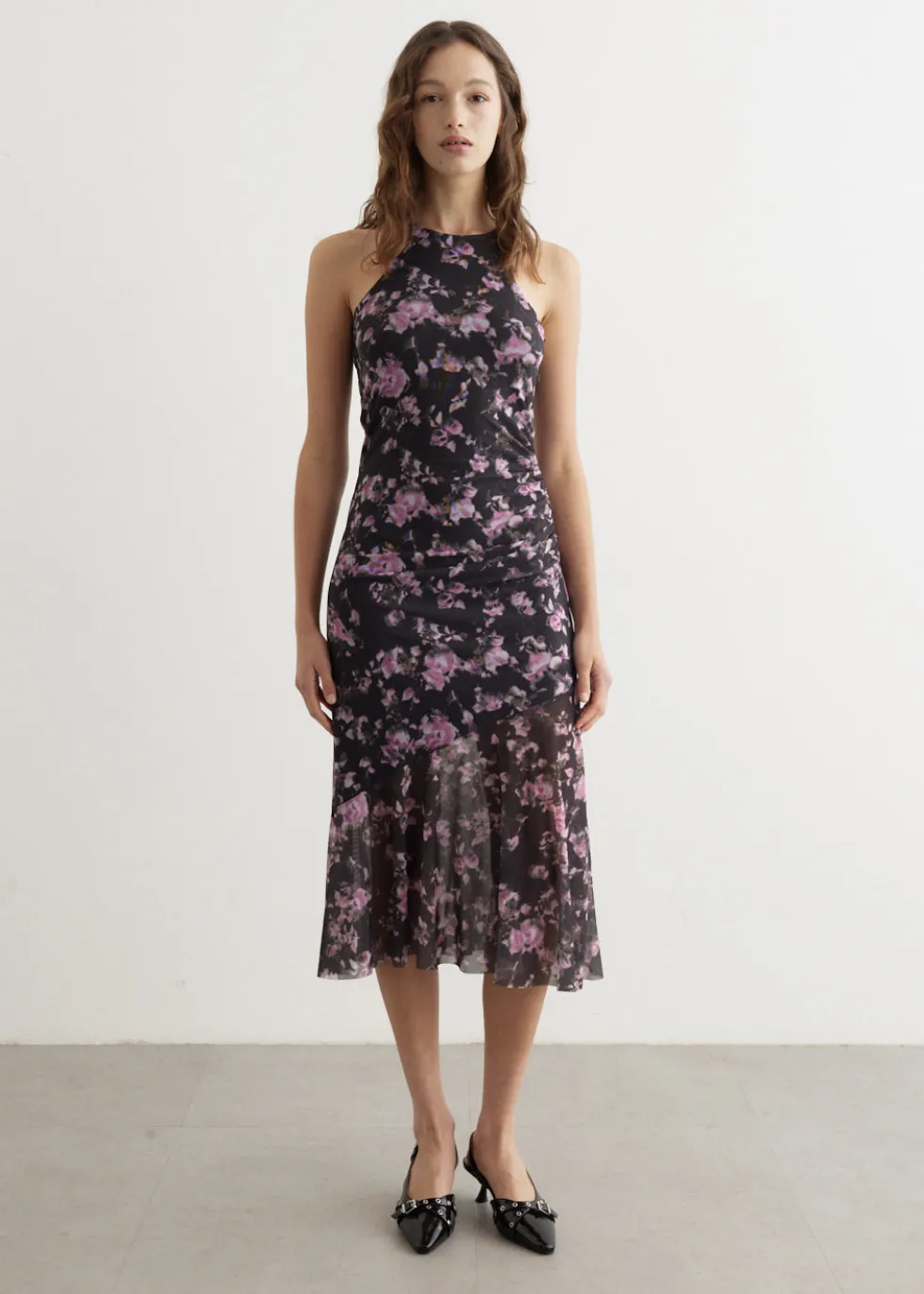 Printed Mesh Sleeveless Midi Dress